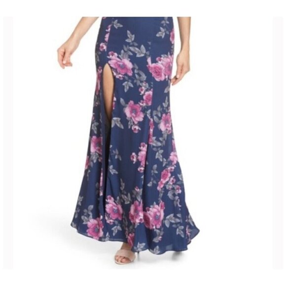 Fame and Partners NWT $279 Blue Pink Floral Gown Maxi Dress Plunging V-Neck 2 - Picture 7 of 14